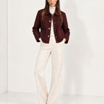 Burgundy Short Jacket Boxy Collared Jacket with Patch Pockets and Snap Buttons