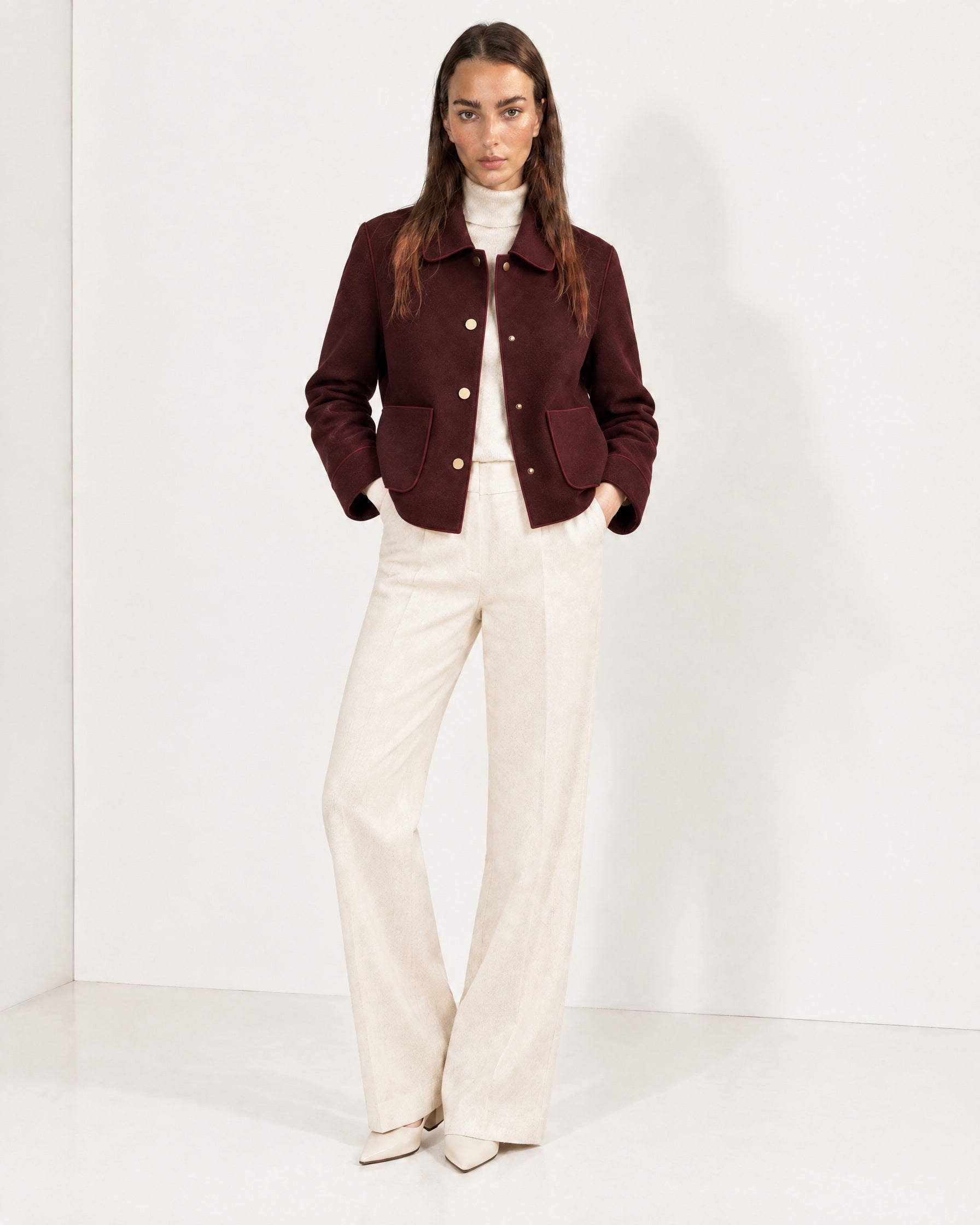 Burgundy Short Jacket Boxy Collared Jacket with Patch Pockets and Snap Buttons