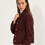 Burgundy Short Jacket Boxy Collared Jacket with Patch Pockets and Snap Buttons