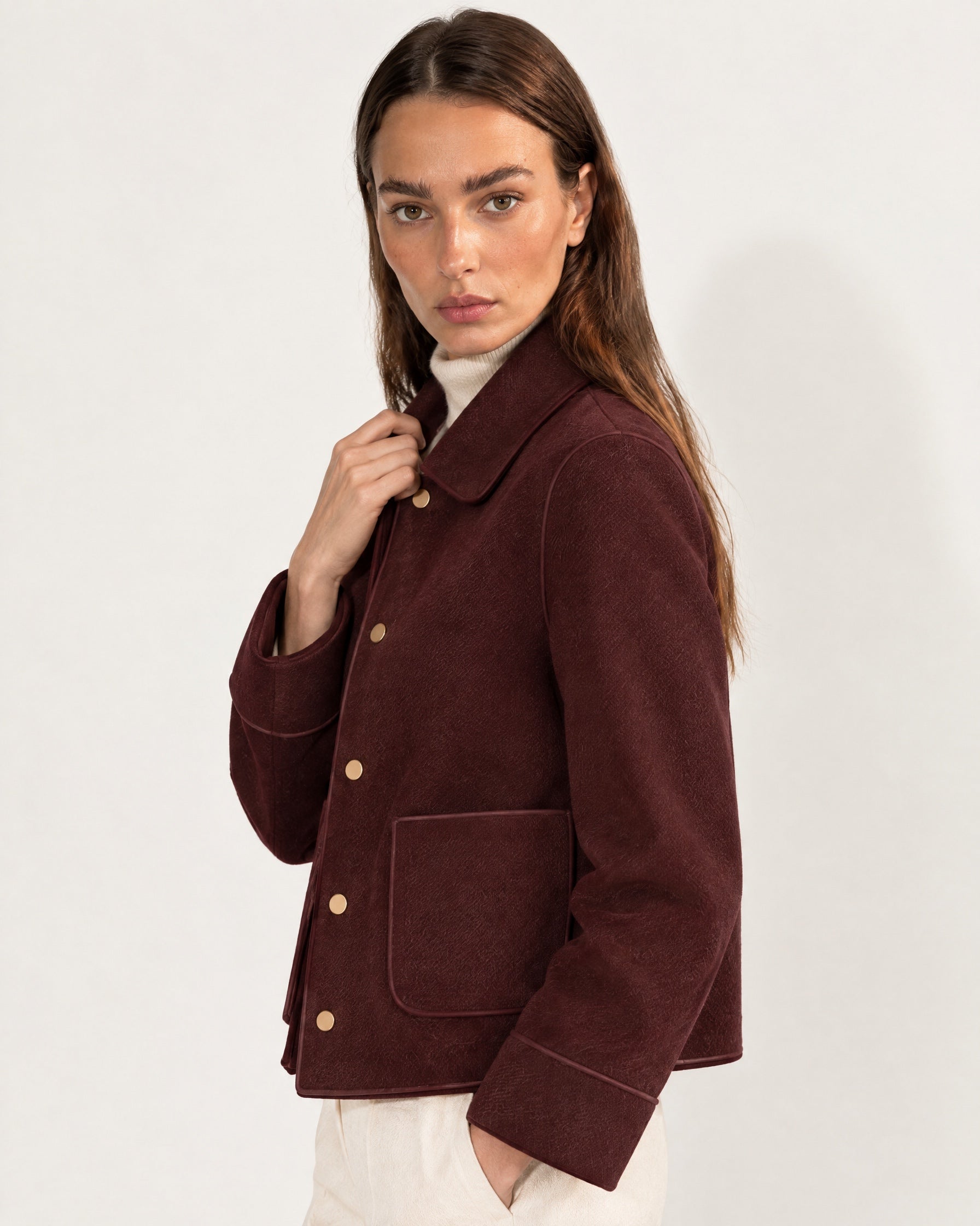 Burgundy Short Jacket Boxy Collared Jacket with Patch Pockets and Snap Buttons