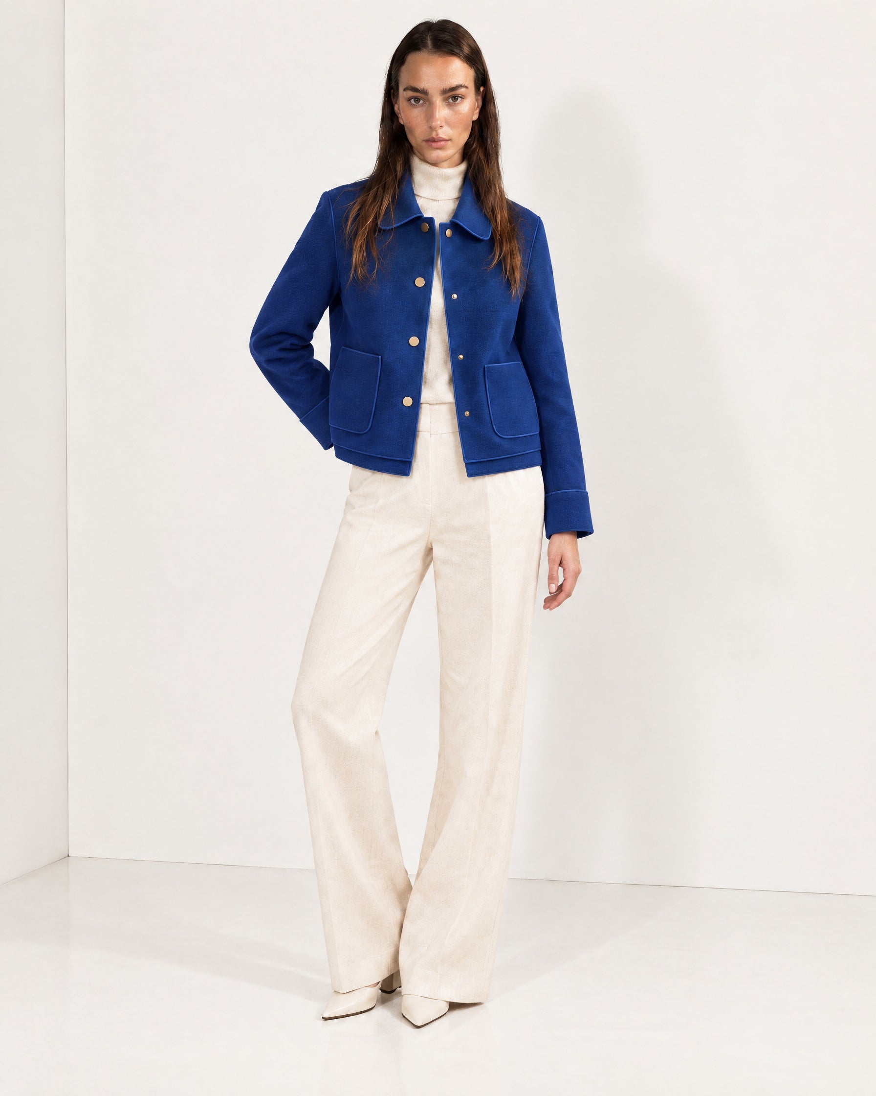 Cobalt Short Jacket Boxy Collared Jacket with Patch Pockets and Snap Buttons