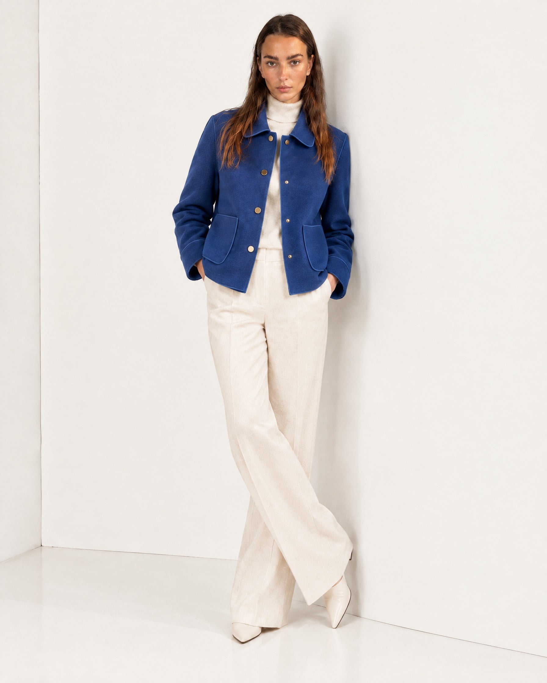 Cobalt Short Jacket Boxy Collared Jacket with Patch Pockets and Snap Buttons