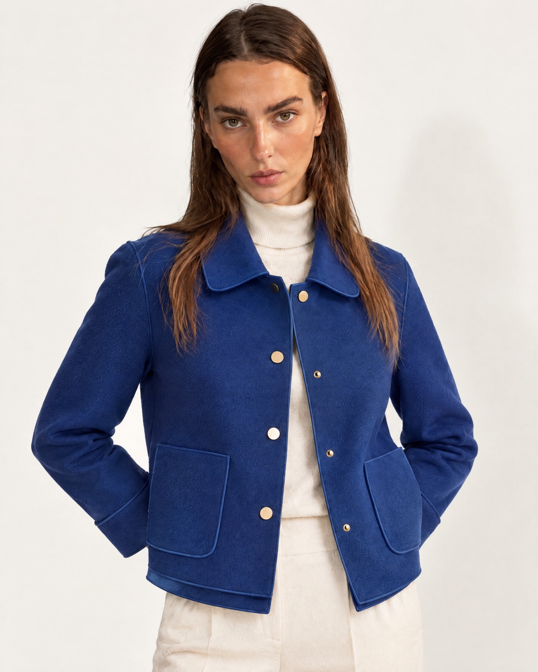 Cobalt Short Jacket Boxy Collared Jacket with Patch Pockets and Snap Buttons