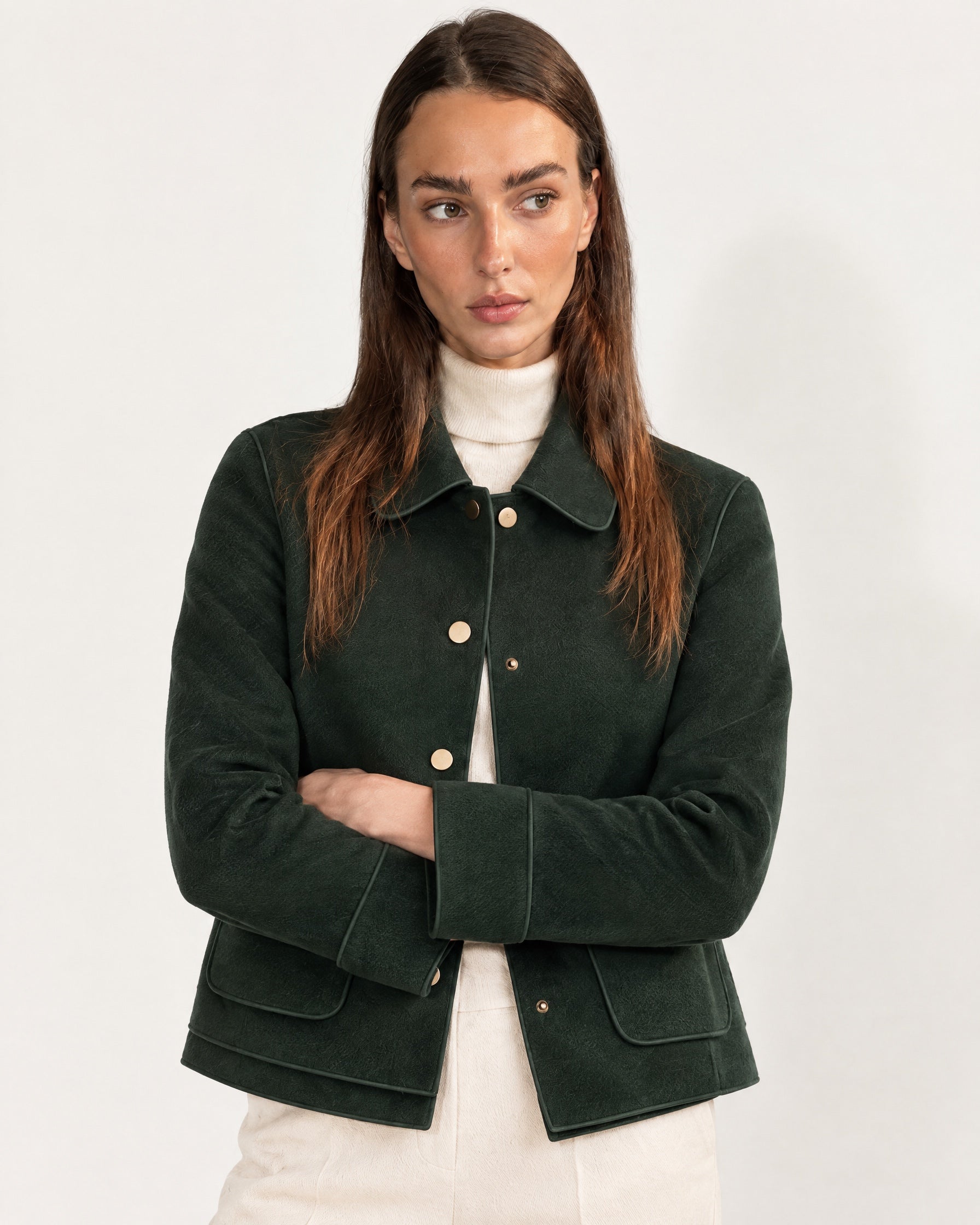 Green Short Jacket Boxy Collared Jacket with Patch Pockets and Snap Buttons