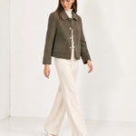 Khaki Short Jacket Boxy Collared Jacket with Patch Pockets and Snap Buttons