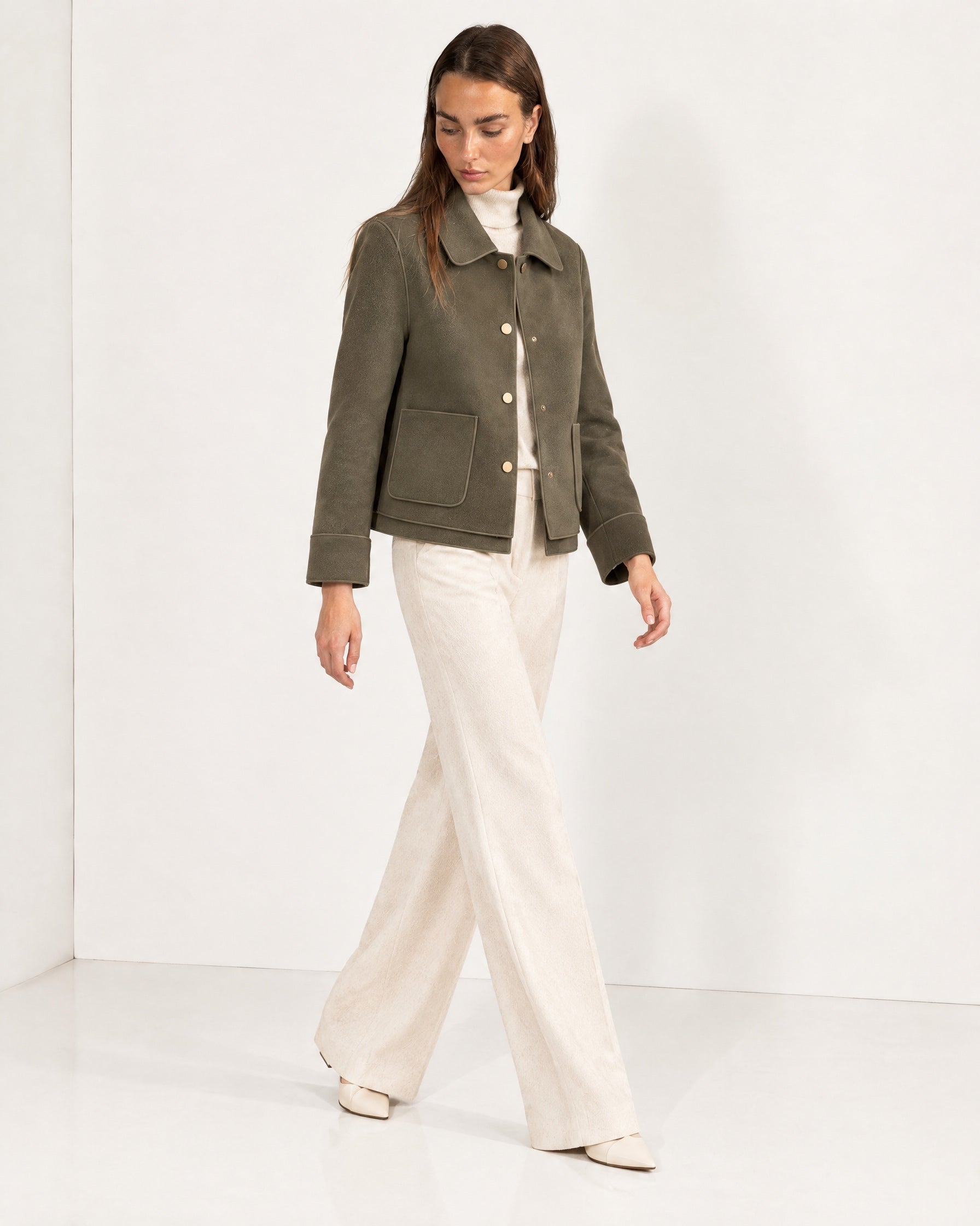 Khaki Short Jacket Boxy Collared Jacket with Patch Pockets and Snap Buttons