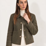 Khaki Short Jacket Boxy Collared Jacket with Patch Pockets and Snap Buttons