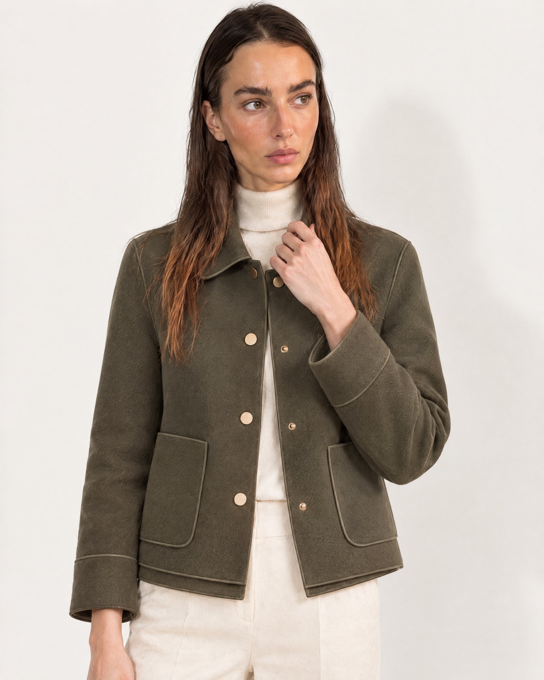 Khaki Short Jacket Boxy Collared Jacket with Patch Pockets and Snap Buttons