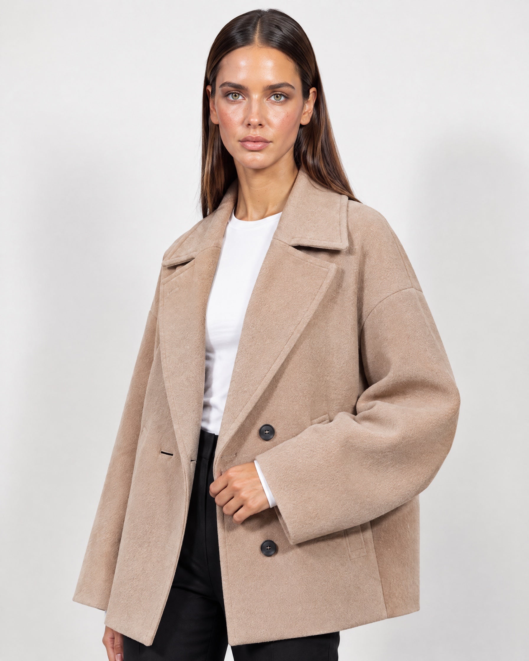 Camel Double Breasted Coat Short Oversized Womens Coat with Wide Notch Collar