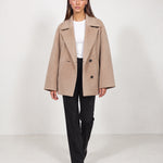 Camel Double Breasted Coat Short Oversized Womens Coat with Wide Notch Collar