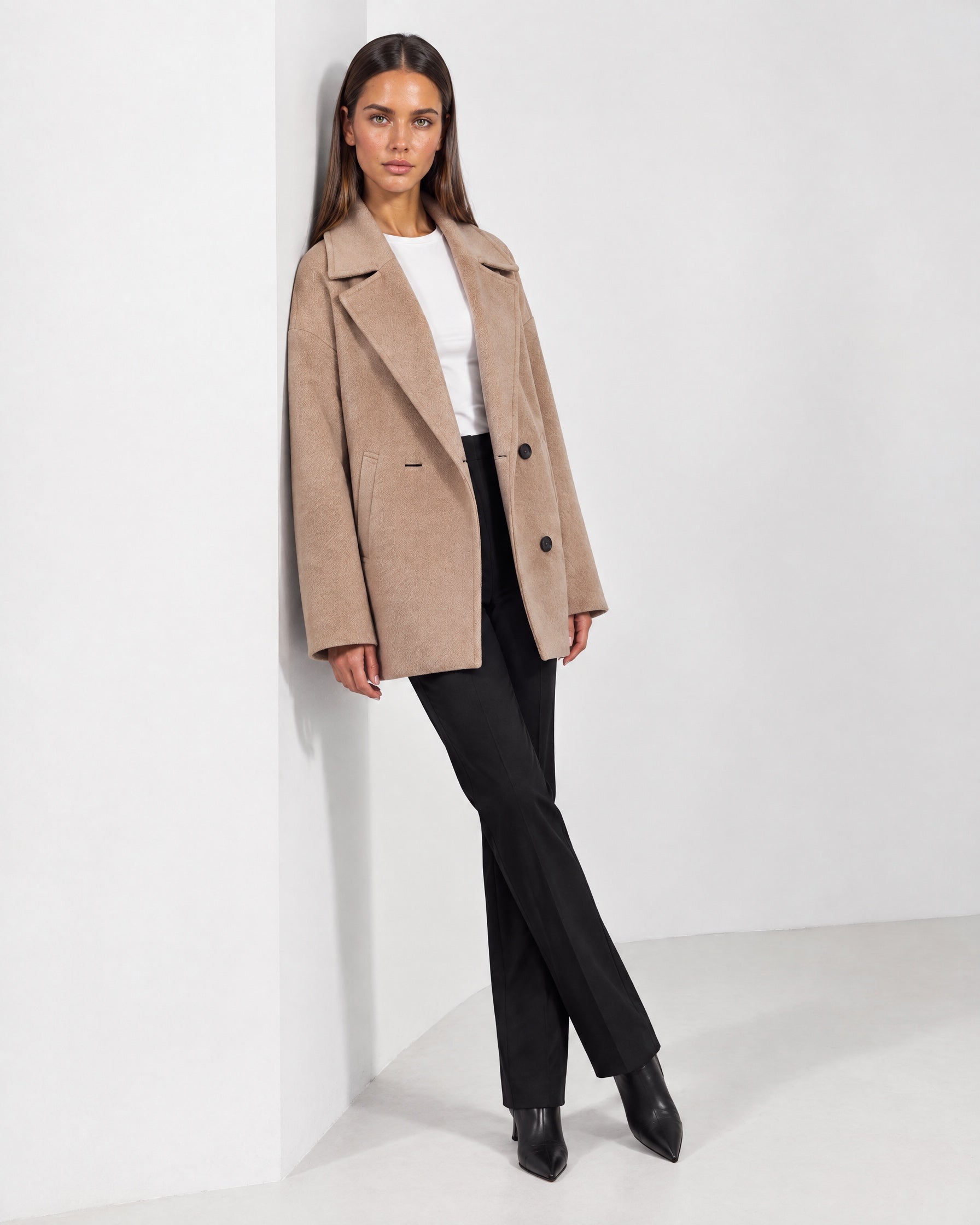 Camel Double Breasted Coat Short Oversized Womens Coat with Wide Notch Collar