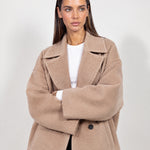 Camel Double Breasted Coat Short Oversized Womens Coat with Wide Notch Collar