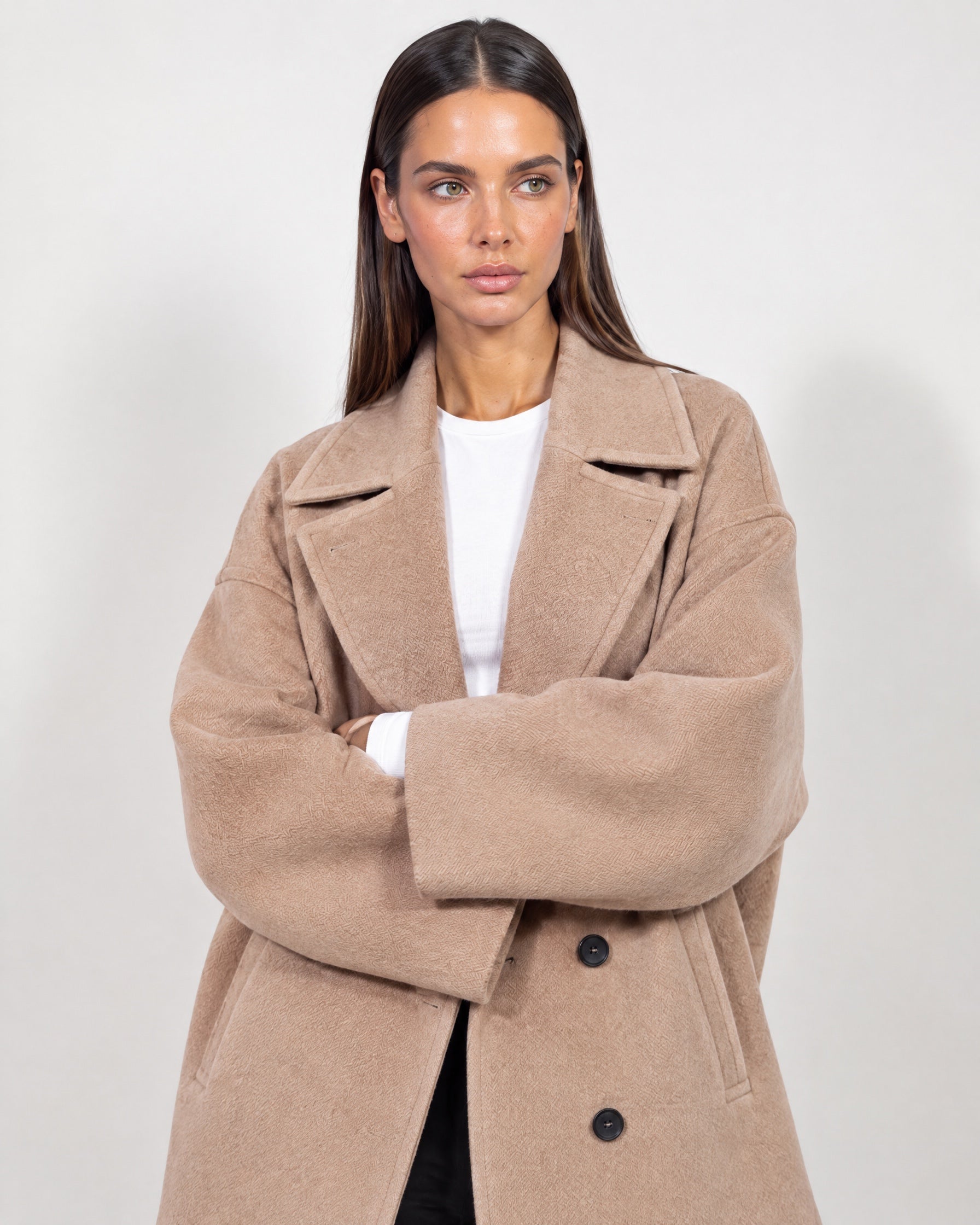 Camel Double Breasted Coat Short Oversized Womens Coat with Wide Notch Collar
