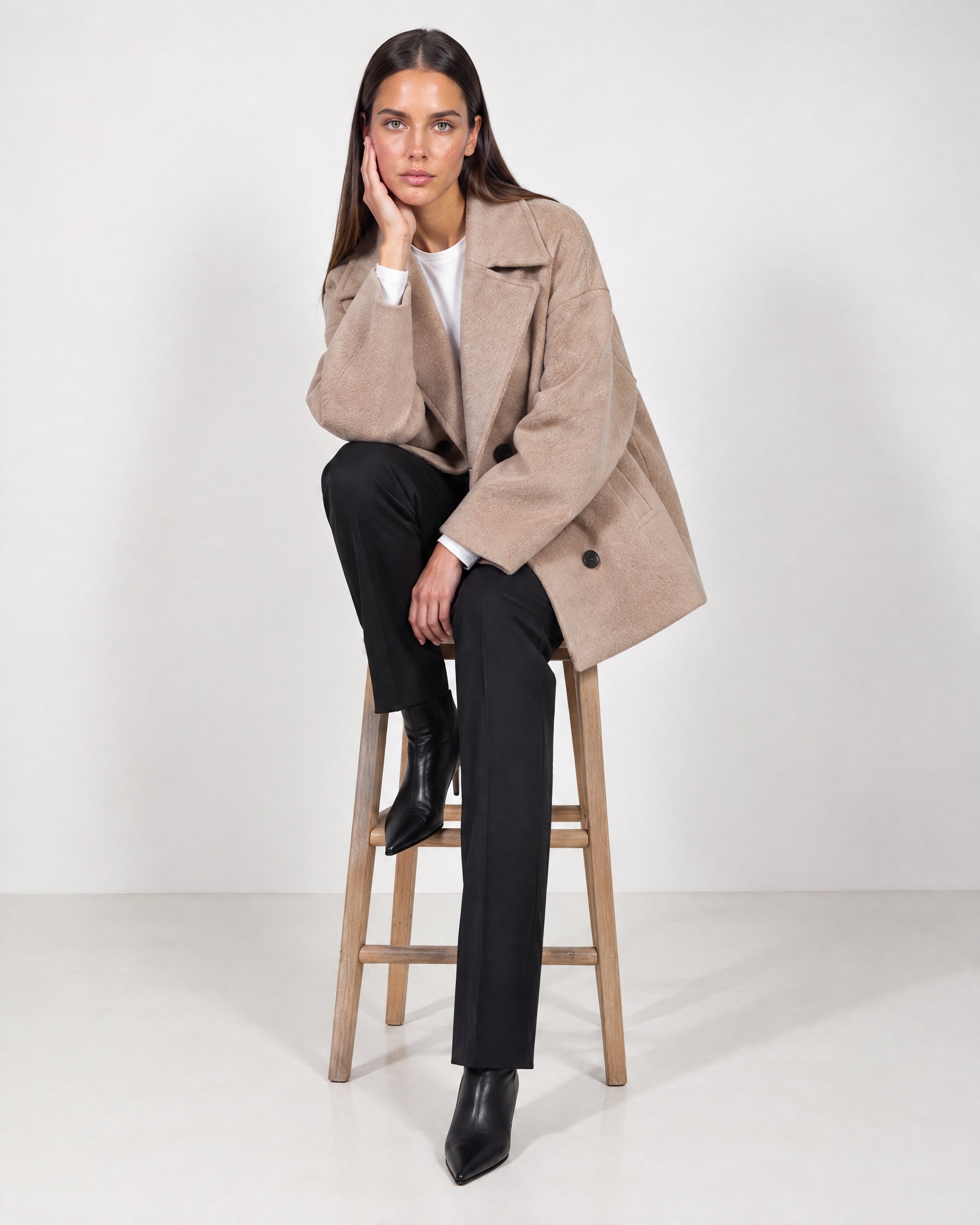 Camel Double Breasted Coat Short Oversized Womens Coat with Wide Notch Collar