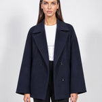 Navy Double Breasted Coat Short Oversized Womens Coat with Wide Notch Collar