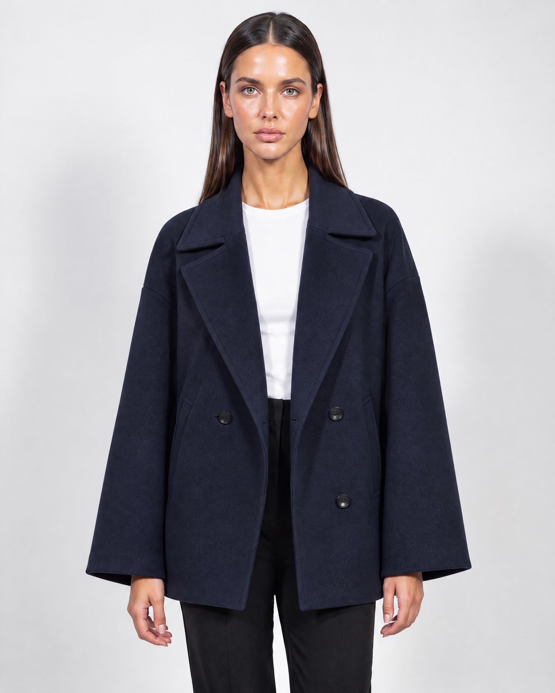 Navy Double Breasted Coat Short Oversized Womens Coat with Wide Notch Collar