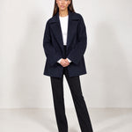 Navy Double Breasted Coat Short Oversized Womens Coat with Wide Notch Collar