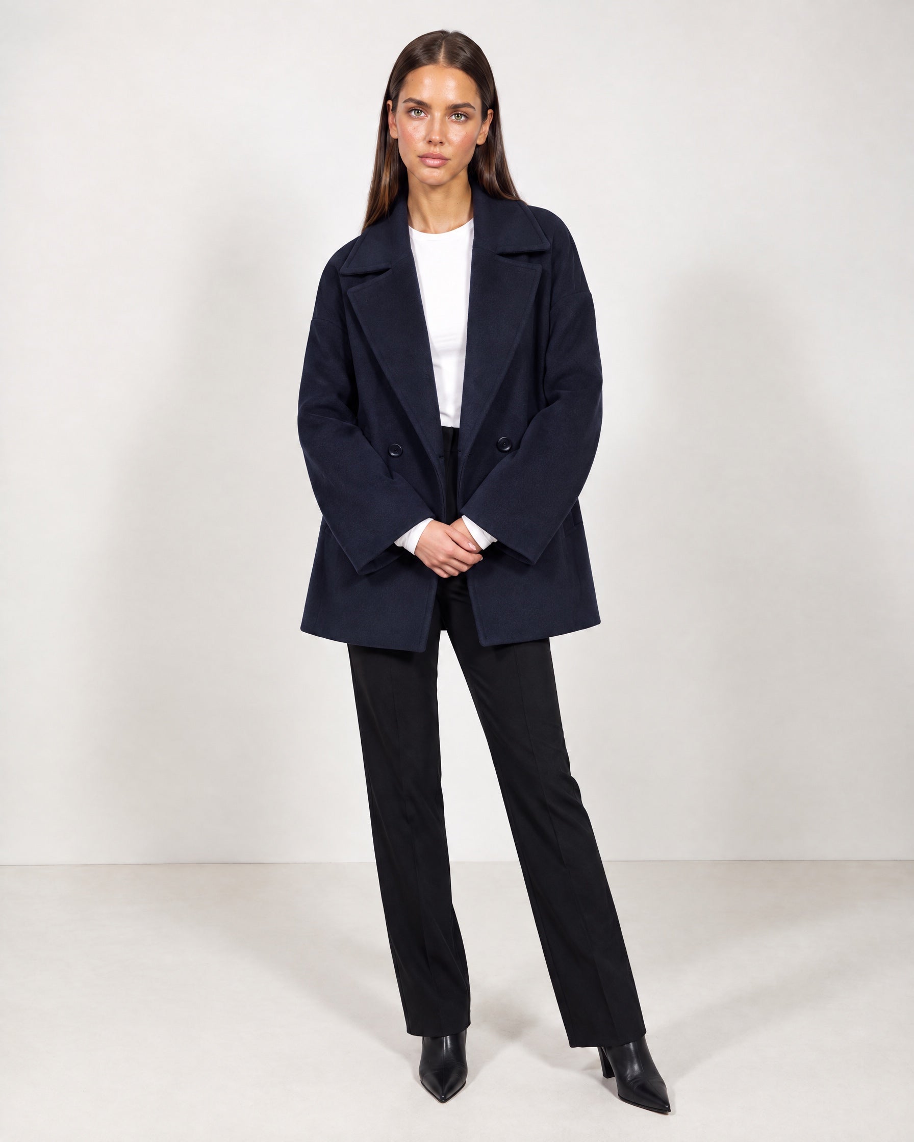 Navy Double Breasted Coat Short Oversized Womens Coat with Wide Notch Collar