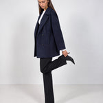 Navy Double Breasted Coat Short Oversized Womens Coat with Wide Notch Collar
