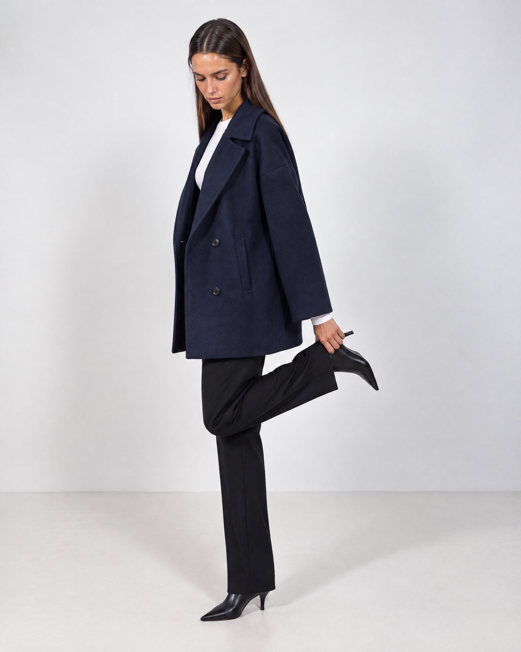 Navy Double Breasted Coat Short Oversized Womens Coat with Wide Notch Collar