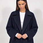 Navy Double Breasted Coat Short Oversized Womens Coat with Wide Notch Collar