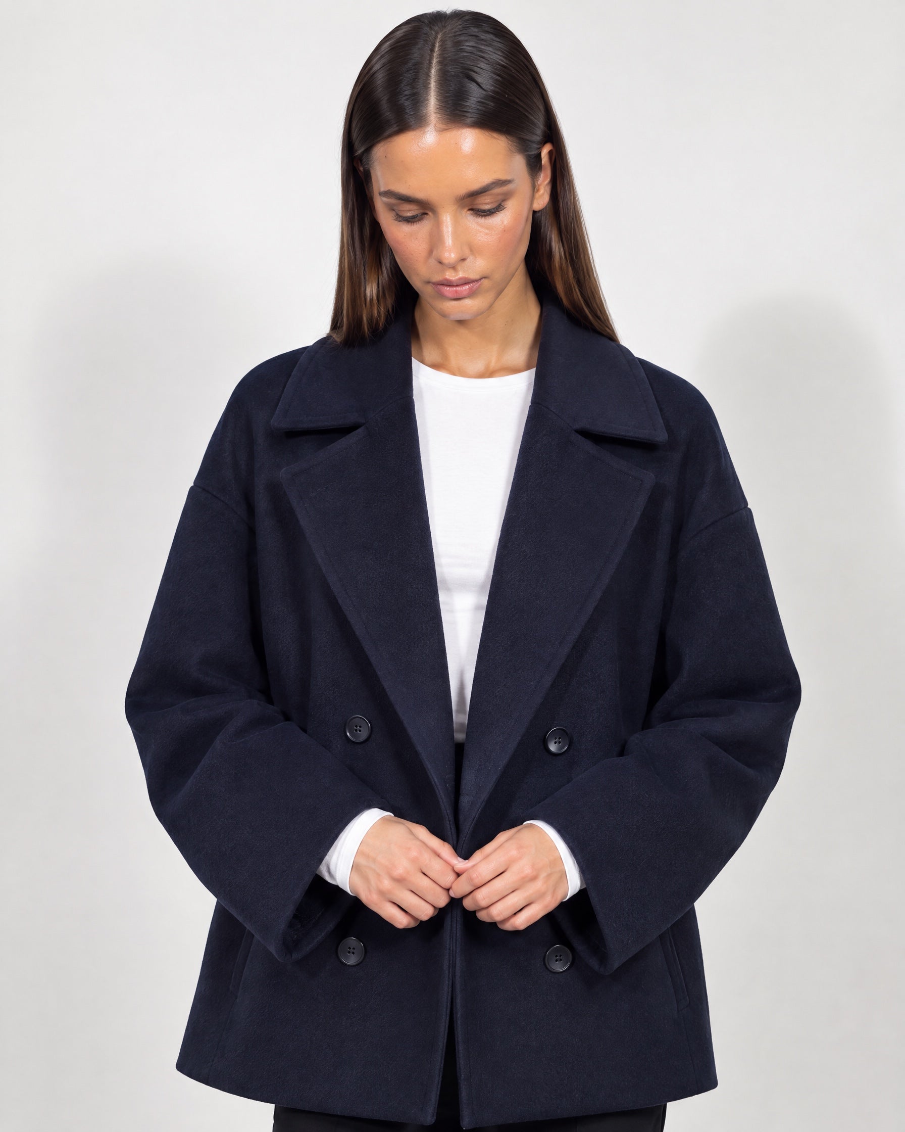 Navy Double Breasted Coat Short Oversized Womens Coat with Wide Notch Collar