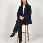 Navy Double Breasted Coat Short Oversized Womens Coat with Wide Notch Collar