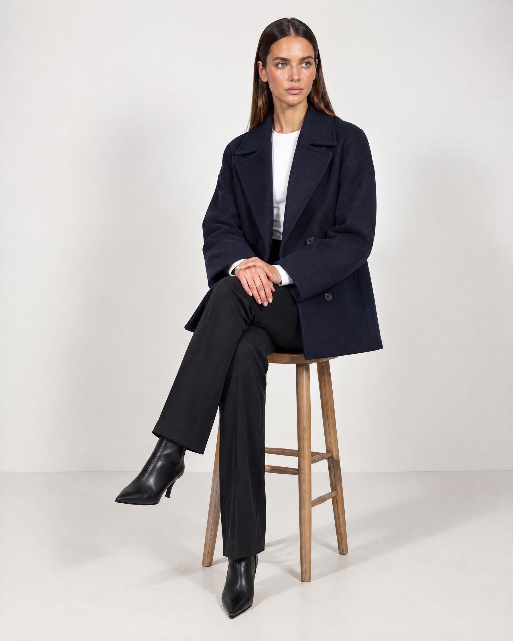 Navy Double Breasted Coat Short Oversized Womens Coat with Wide Notch Collar
