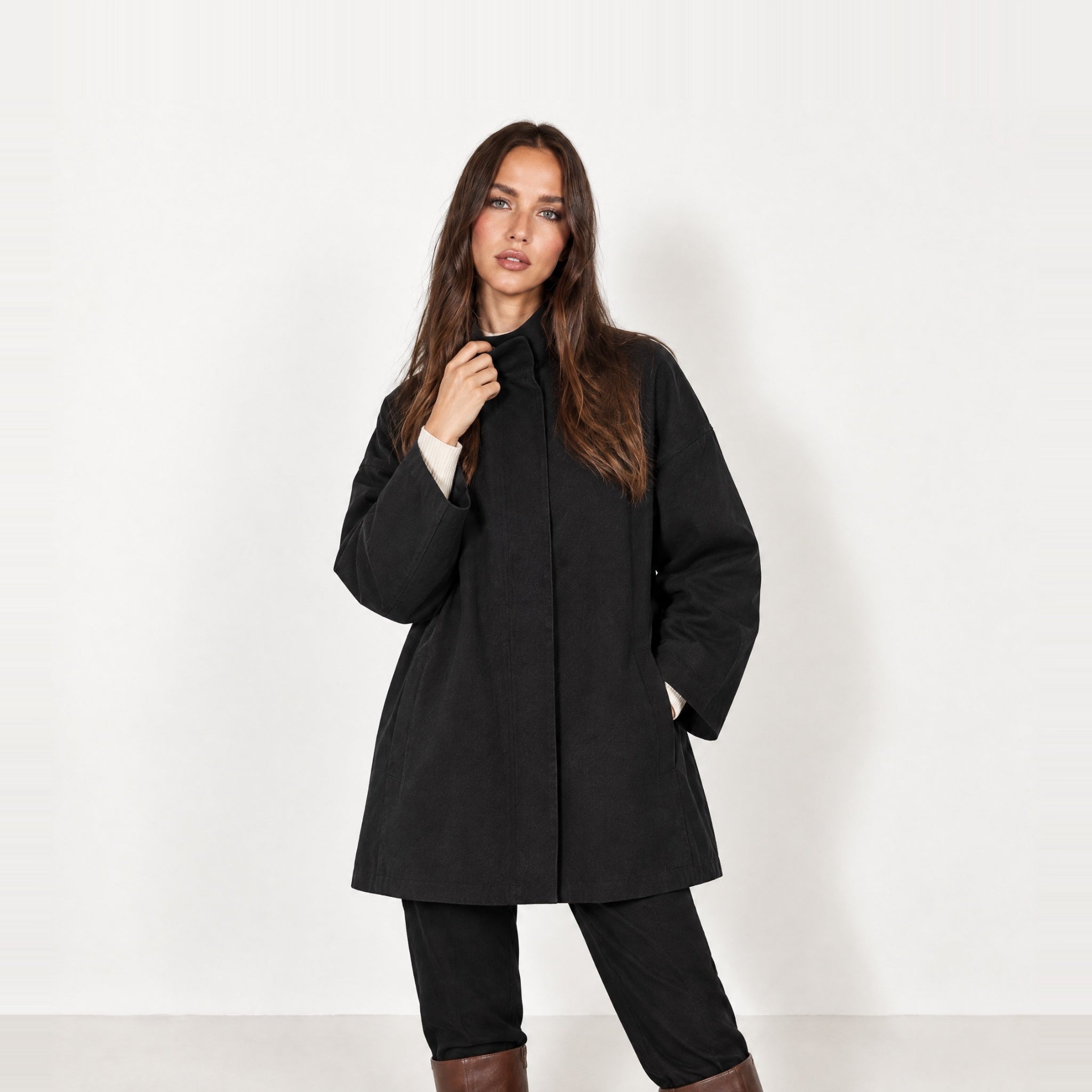 Black Short Trench Coat Stand Collar Oversized
