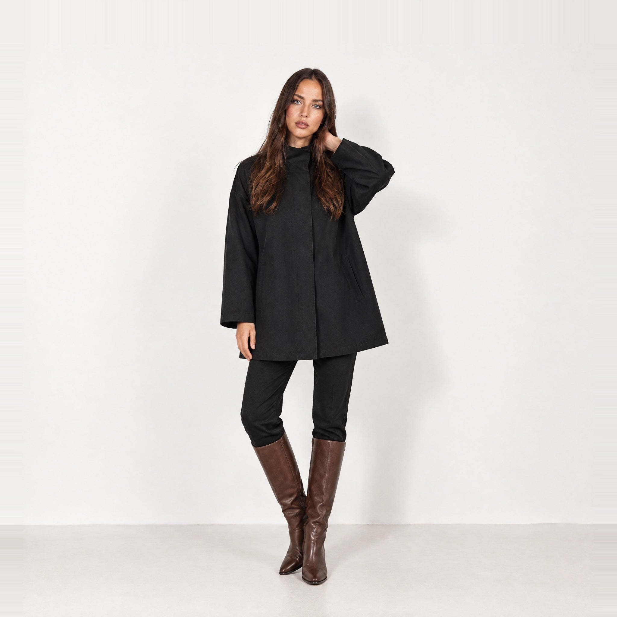 Black Short Trench Coat Stand Collar Oversized