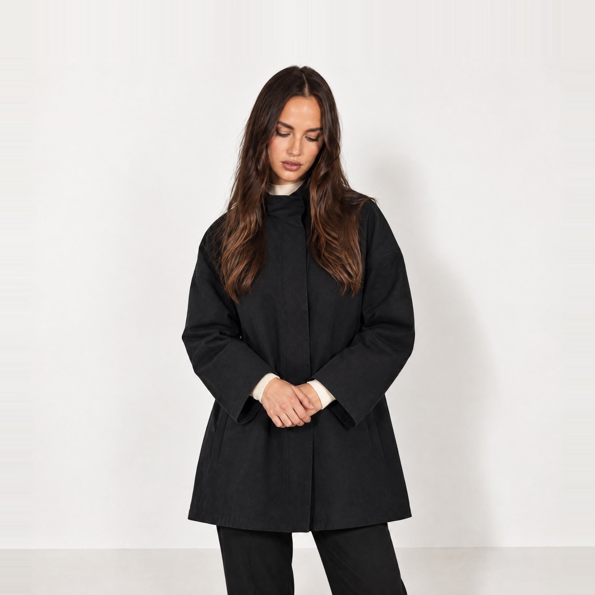 Black Short Trench Coat Stand Collar Oversized