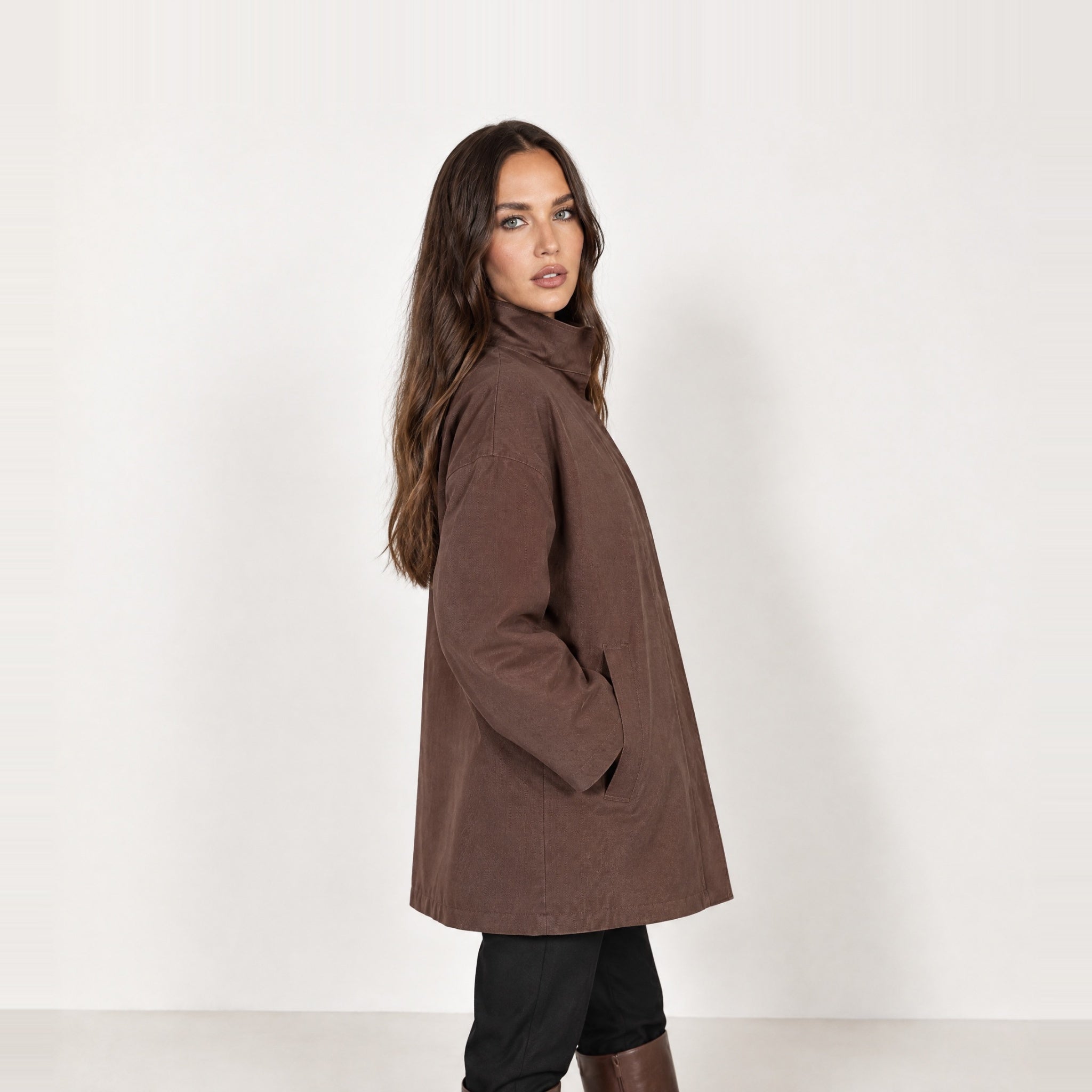 Coffee Short Trench Coat Stand Collar Oversized
