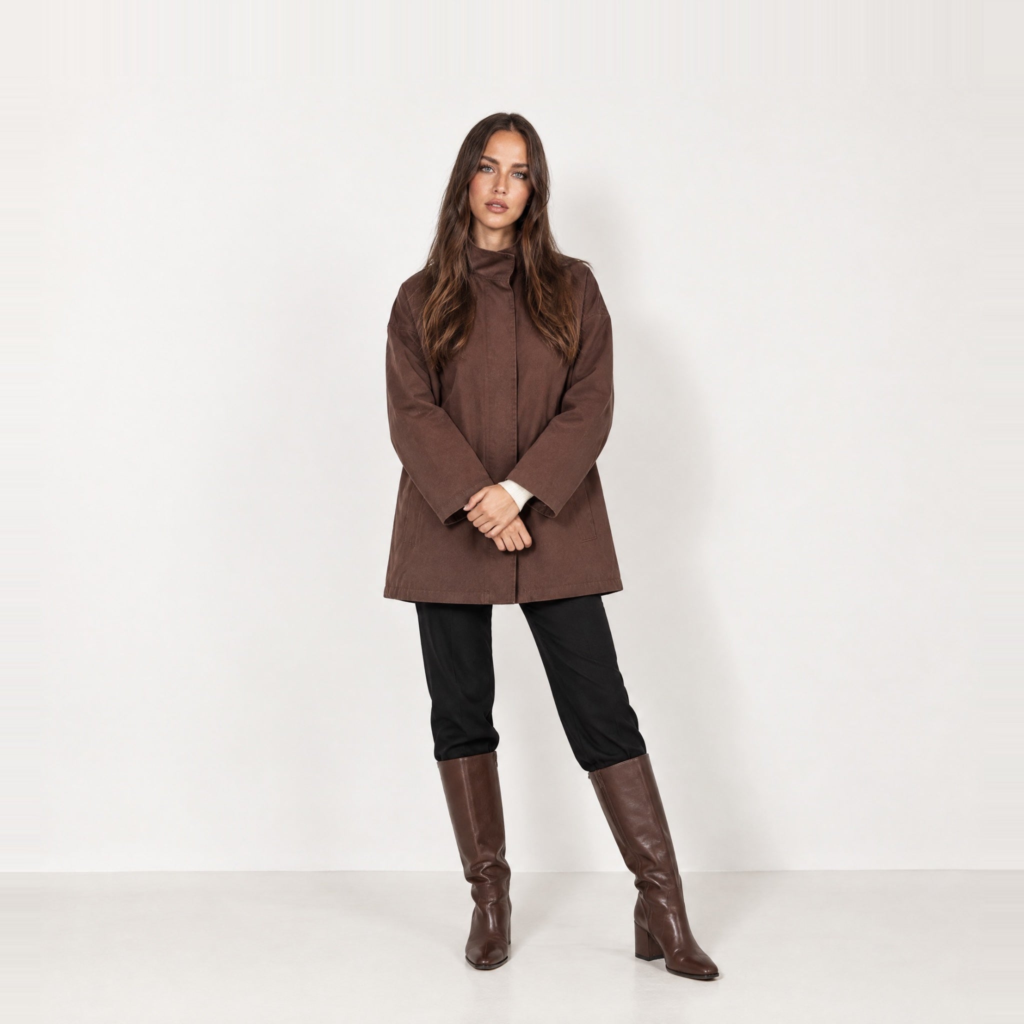 Coffee Short Trench Coat Stand Collar Oversized