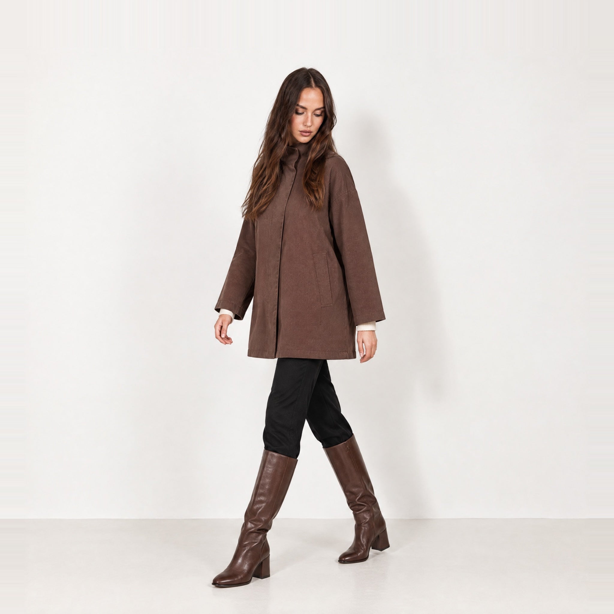 Coffee Short Trench Coat Stand Collar Oversized