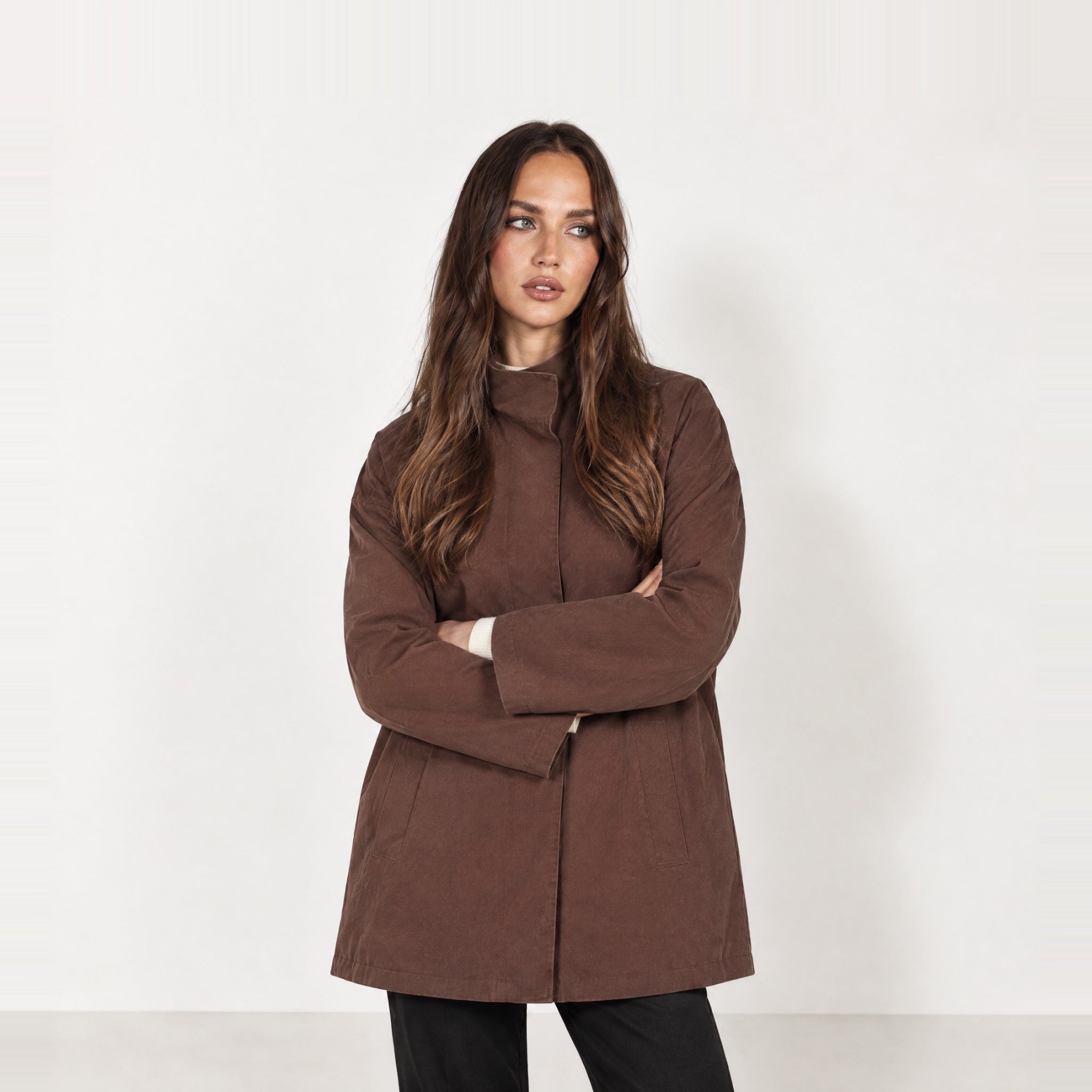 Coffee Short Trench Coat Stand Collar Oversized