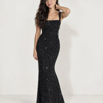 Black Sequin Maxi Dress Square Neck Tie Back