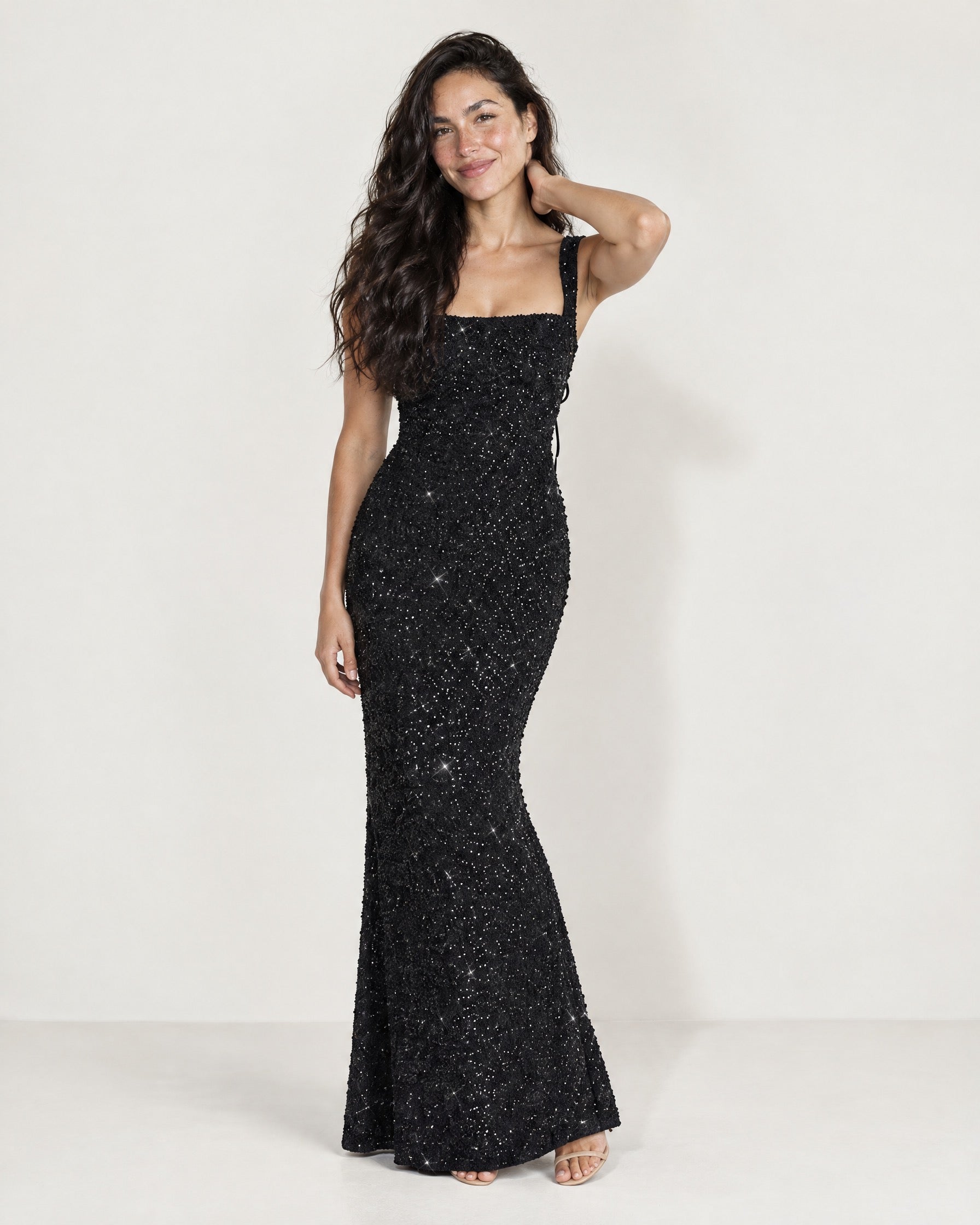 Black Sequin Maxi Dress Square Neck Tie Back