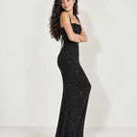 Black Sequin Maxi Dress Square Neck Tie Back