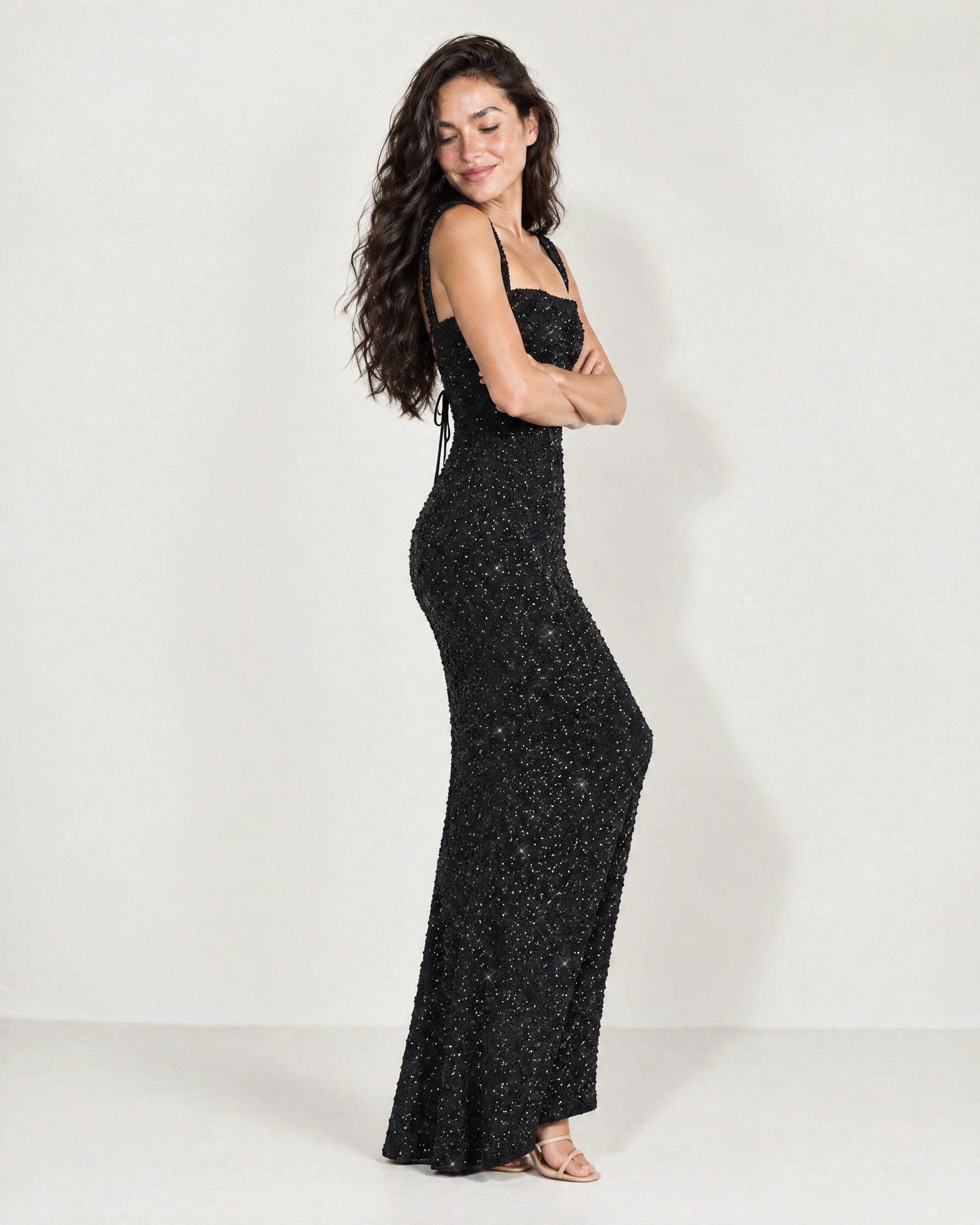 Black Sequin Maxi Dress Square Neck Tie Back