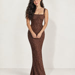 Brown Sequin Maxi Dress Square Neck Tie Back