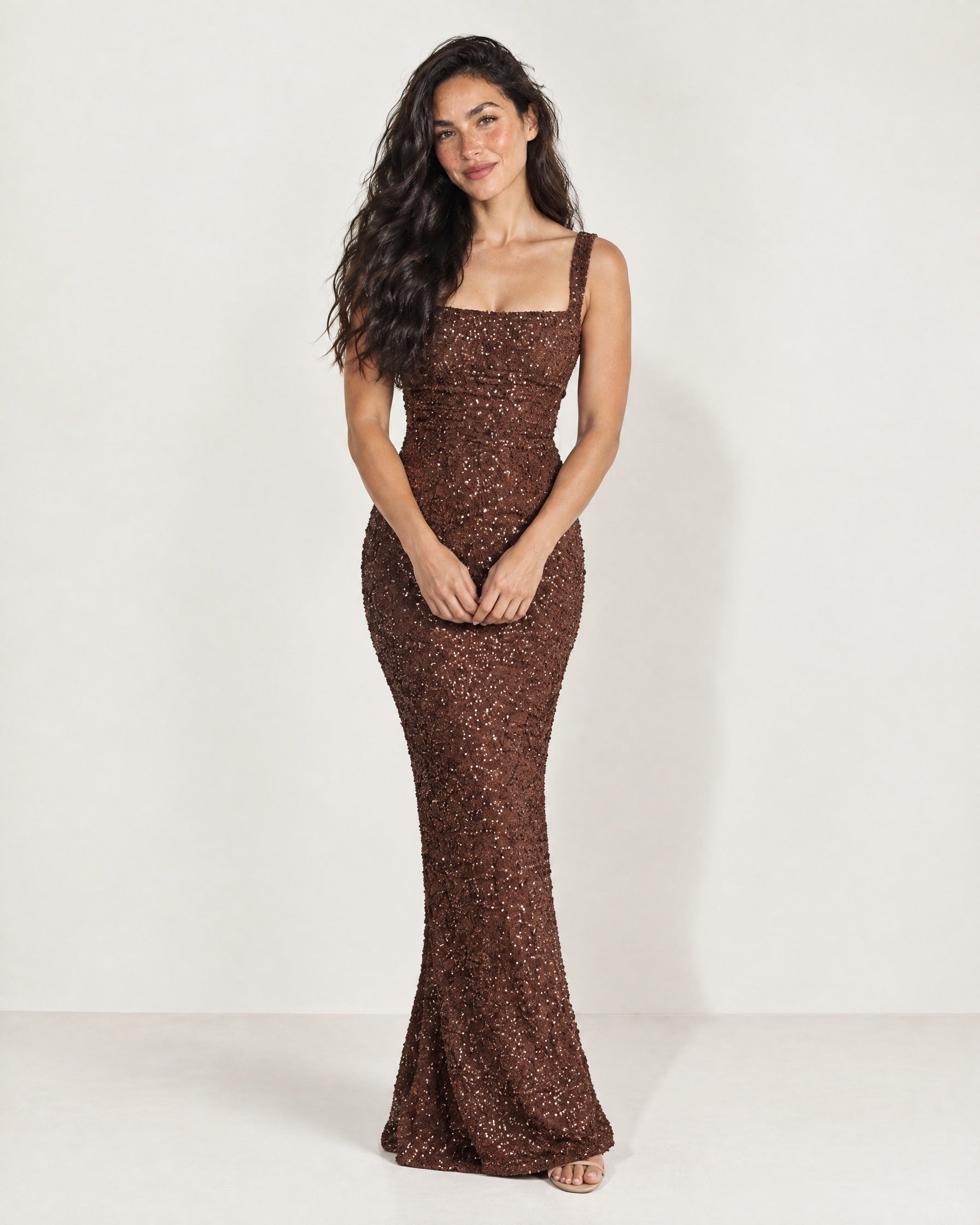 Brown Sequin Maxi Dress Square Neck Tie Back