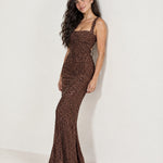 Brown Sequin Maxi Dress Square Neck Tie Back