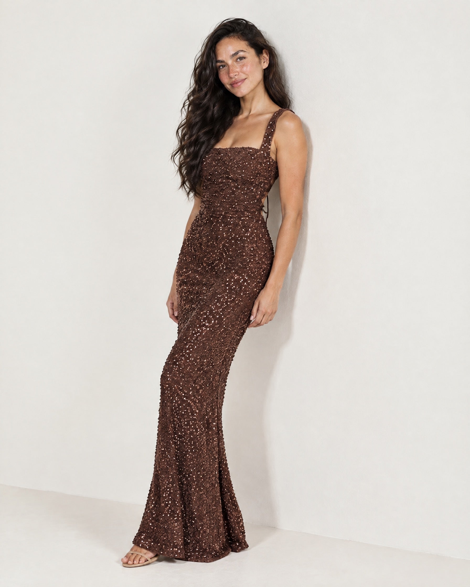 Brown Sequin Maxi Dress Square Neck Tie Back
