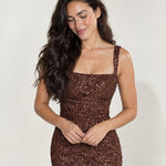 Brown Sequin Maxi Dress Square Neck Tie Back