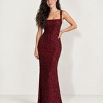 Red Sequin Maxi Dress Square Neck Tie Back