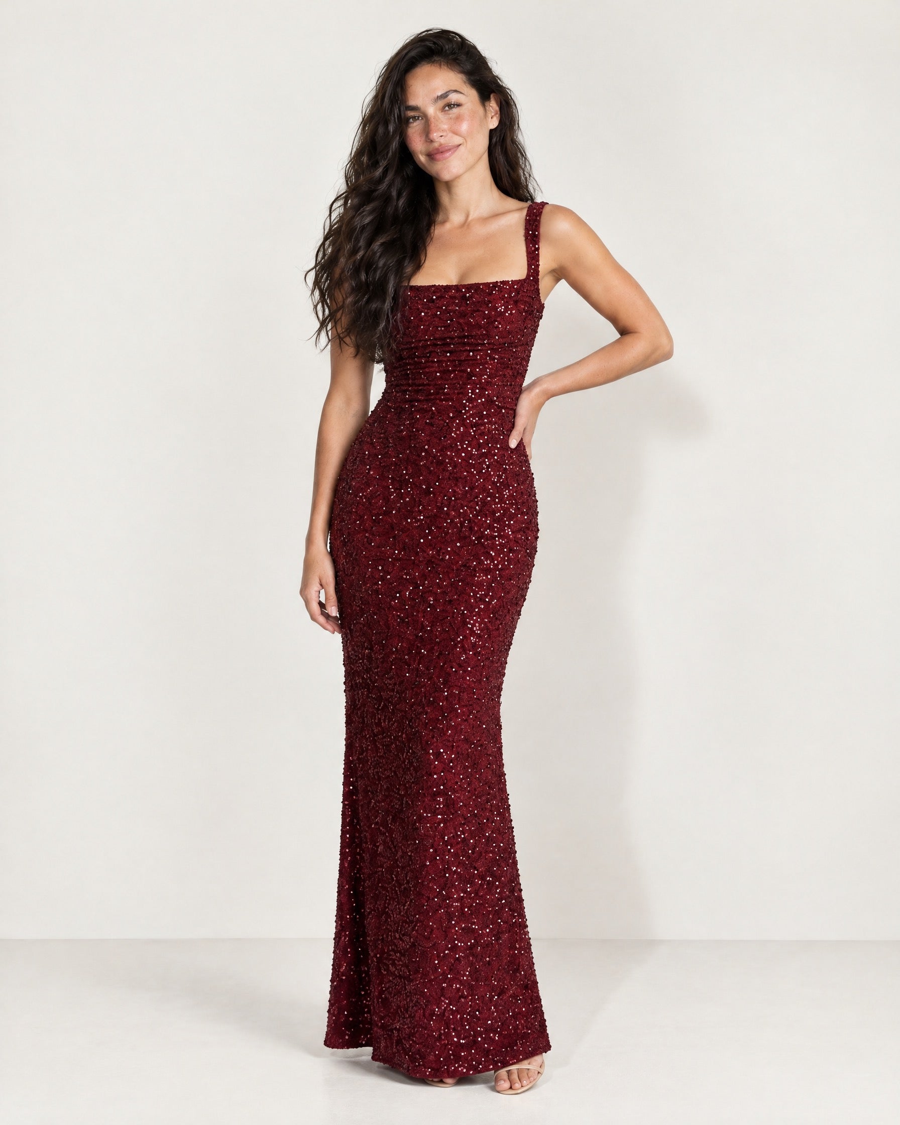 Red Sequin Maxi Dress Square Neck Tie Back