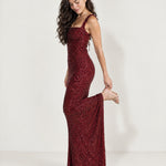 Red Sequin Maxi Dress Square Neck Tie Back