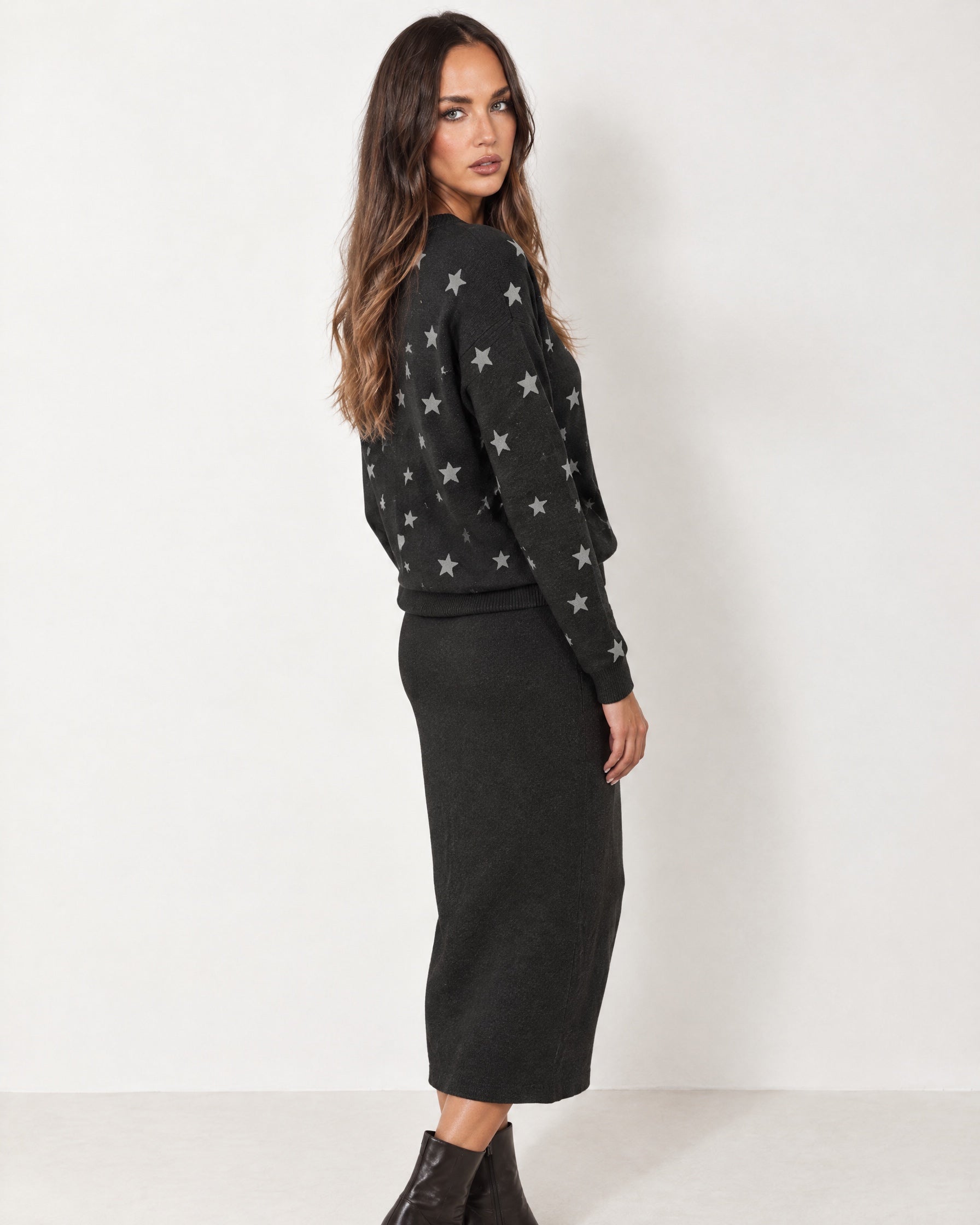 Black Two Piece Set Star Print Jumper Skirt