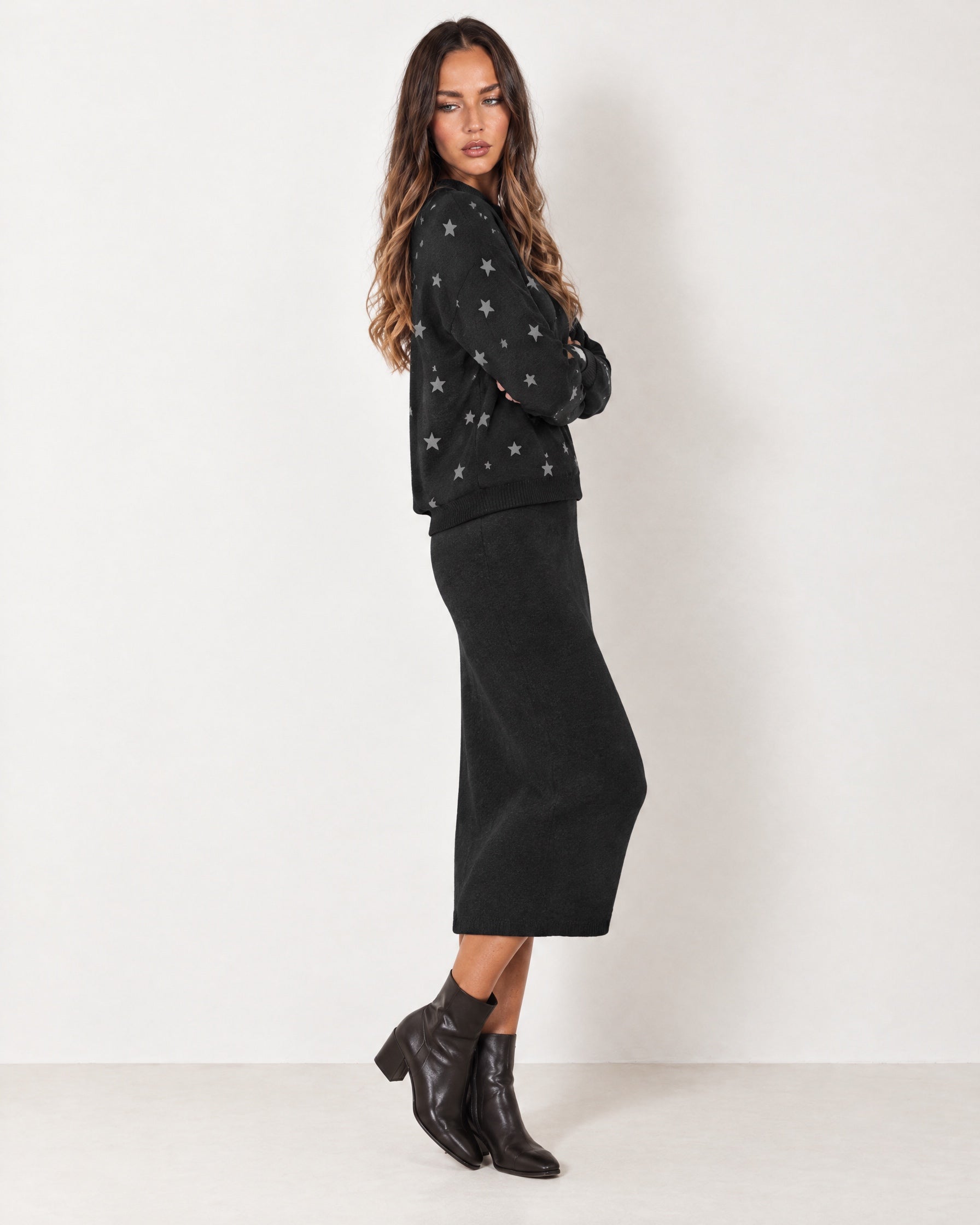Black Two Piece Set Star Print Jumper Skirt