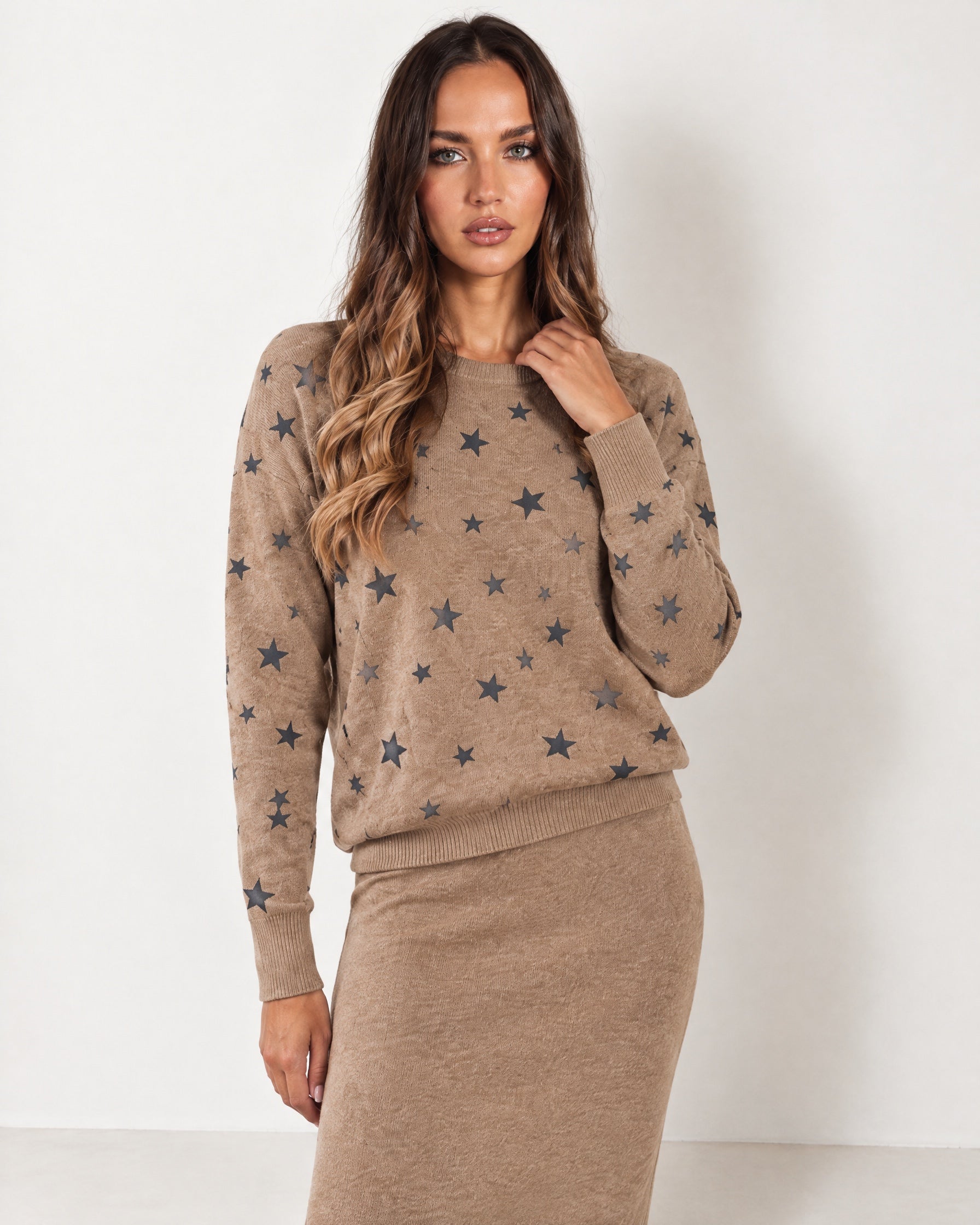Brown Two Piece Set Star Print Jumper Skirt